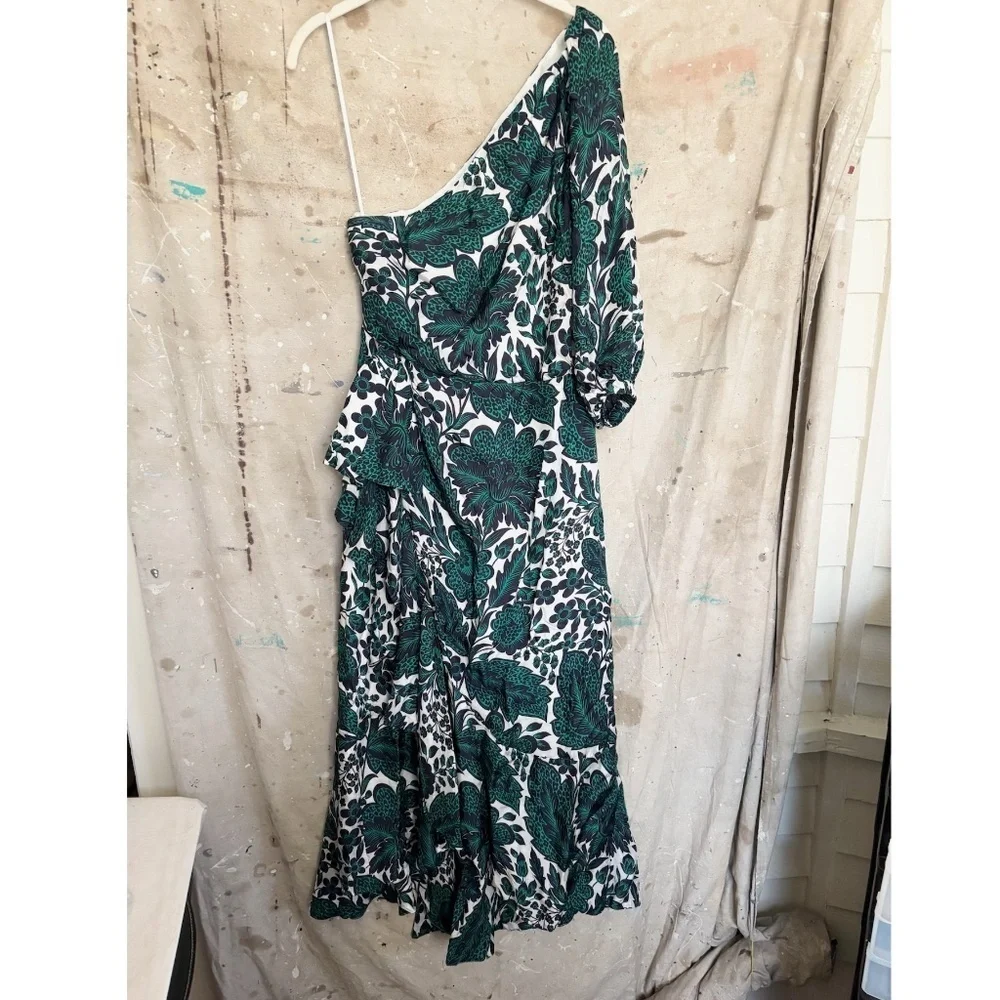 J Crew Collection One-Shoulder Ruffle-Hem Dress in Emerald Floral